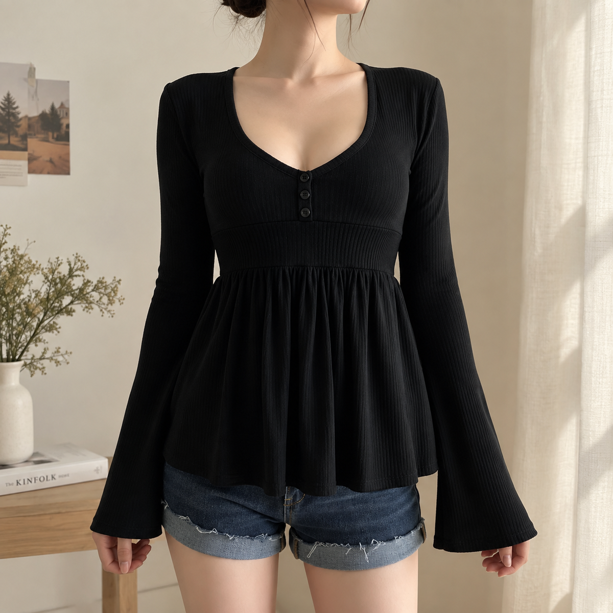 Y2K Lace Trim Flared Sleeve Top